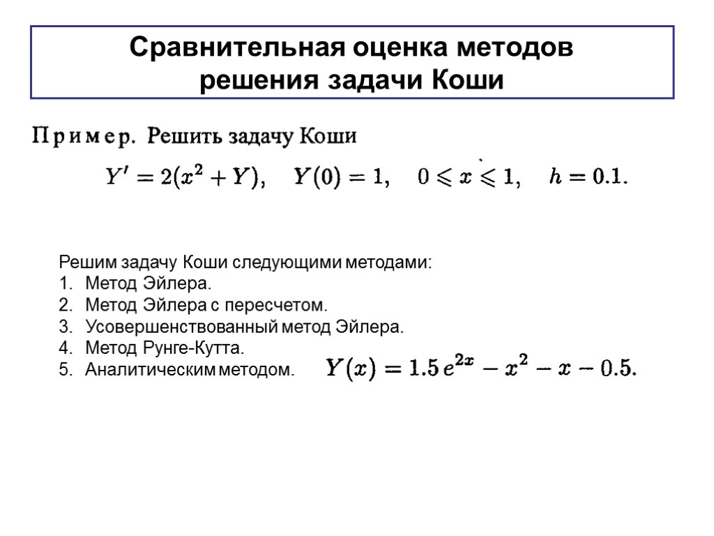 Сравнительная оценка методов решения задачи Коши Решим задачу Коши следующими методами: Метод Эйлера. Метод